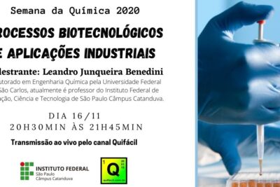 Lecture poster for processos biotecnologicos 1 showing a gloved hand pipetting samples and event details