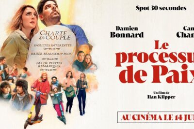 Illustrated film poster with couples, scooters and bold red title Le processus de Paix highlighting processus paix 1