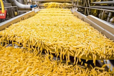 Golden french fries moving on a stainless steel conveyor in a production plant highlighting produccion alimentos.