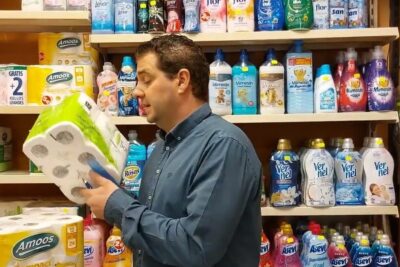 Man holding a pack of toilet paper in a store aisle stocked with cleaning and laundry bottles and eco items productos ecologicos 1