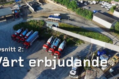 Aerial shot of red and white concrete mixer trucks parked in an industrial yard highlighting produkter tjanster