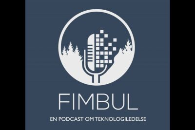 Fimbul podcast logo featuring a stylized microphone, forest silhouette and pixel elements, produkter tjenester 1