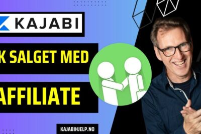 Kajabi affiliate banner with handshake icon and smiling presenter promoting produkter tjenester