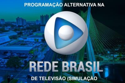 Promotional cityscape banner featuring a large TV network logo for programacao televisiva 1.