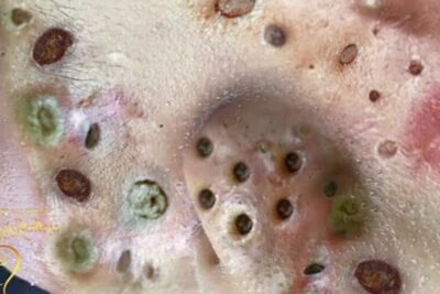 Close-up macro of human skin showing clustered circular dark spots and textured pores, progreso humano 1.
