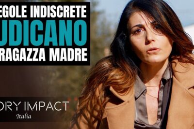 Woman in a camel coat with a concerned expression and bold Italian headline about propria apparenza 1