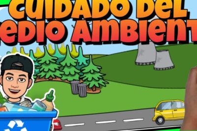 Cartoon scene with recycling bin, bottles, trees, road and cooling towers illustrating proteccion ambiente 2