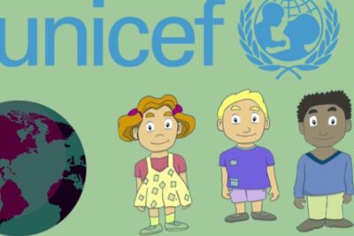 Three cartoon children with a globe and UNICEF logo promoting proteccion derechos 1