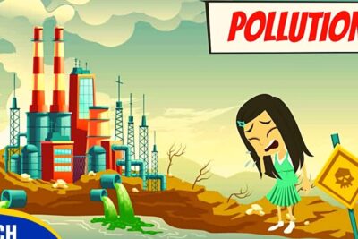 Cartoon factory releasing green toxic waste into water with dead trees, hazard sign and a crying child illustrating protection lenvironnement