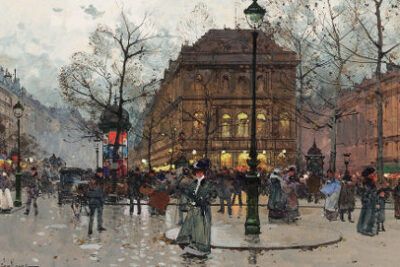 Rainy evening boulevard painting with pedestrians and glowing streetlamps, a refined backdrop for proteses esteticas.