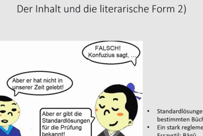 Cartoon slide with two characters debating standard exam solutions and prov examenssystem