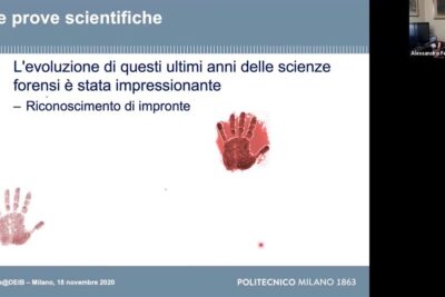Slide displaying prove scientifiche with red handprint images and a bullet point about fingerprint recognition