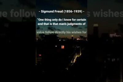Night city skyline with silhouetted buildings and an overlaid psychoanalytic quote labeled psykoanalysen ar 1.