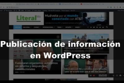 Screenshot of a WordPress site homepage with a large overlay headline referencing publicacion informacion 1.