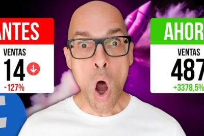 Surprised bald man with glasses between before and after sales panels showing results of publicidad dirigida 5