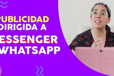 A presenter beside bold purple graphics promoting publicidad dirigida 6 for Messenger and WhatsApp targeting