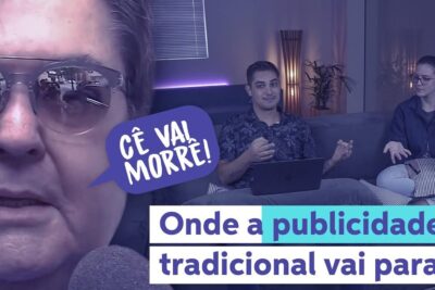 Thumbnail with a close-up speaker in sunglasses and two hosts on a couch discussing publicidade tradicional 1 with bold Portuguese text overlay