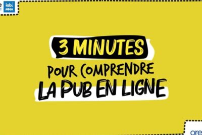 Bold yellow graphic with French text promoting a quick guide to publicite ligne and online ads.