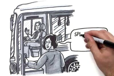 Hand-drawn illustration of a passenger boarding a bus while a driver waves, visually representing racial discrimination.