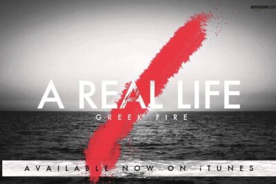 Album-style ocean poster reading 'A real life' with a bold diagonal red brush stroke