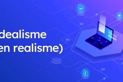 Blue tech banner showing the phrase Idealisme (en realisme) next to an isometric laptop and glowing network icons to illustrate realisme idealisme.
