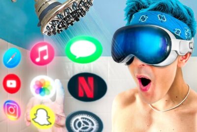 Person wearing a realta virtuale headset in a shower surrounded by floating app icons