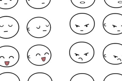 Minimal black-and-white emoticon pattern showing diverse reazioni