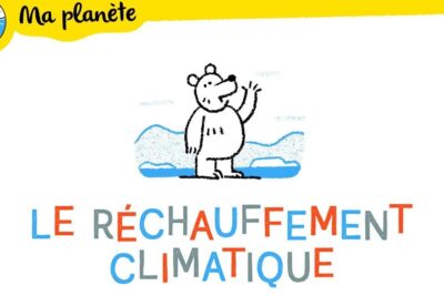 Cartoon polar bear standing on a small ice floe with colorful letters reading réchauffement climatique and a 'Ma planète' header