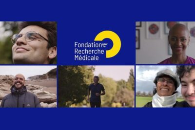Blue branded collage featuring a yellow circular logo and smiling portraits representing recherche medicale 1.