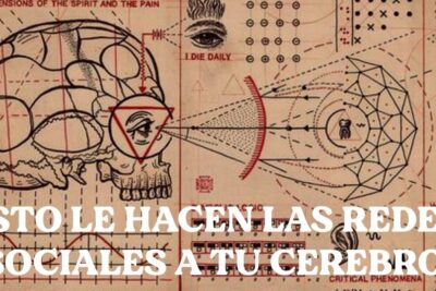Sepia anatomical skull and eye schematic with geometric network, arrows and bold Spanish headline referencing redes sociales 27.
