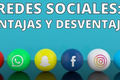 Banner with teal background and row of social media icon spheres under bold Spanish headline about redes sociales 30 advantages and disadvantages.