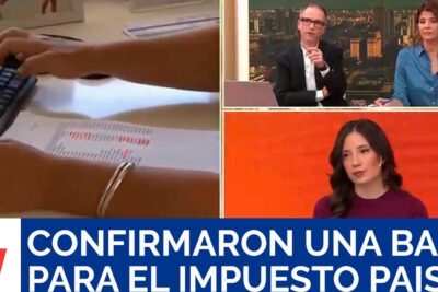 Split-screen television news with anchors, a close-up of hands typing and a banner about reduccion impuestos