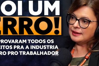 Woman wearing glasses and headphones speaking into a microphone beside a bold 'Foi um erro' headline about reforma trabalhista 1.