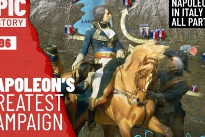 Mounted commander on horseback in front of a detailed campaign map and bold headline, reformen leda.