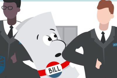 Cartoon legislative bill character being confronted by suited agents representing regulatory bodies and agencies