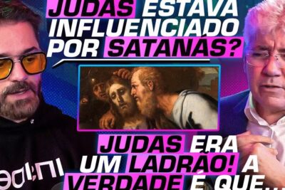 Two men in a colorful video thumbnail flank a small classical painting of Judas kissing Jesus, with bold Portuguese text questioning Judas and relacao jesus.