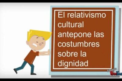 Cartoon slide of a child pushing a panel with a Spanish message critiquing customs and dignity and labeled relativismo cultural 2.