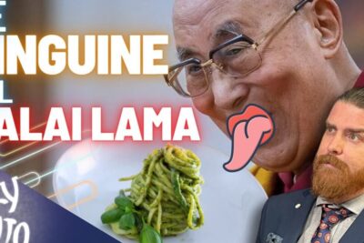 Relativismo culturale 1 showing an elderly smiling spiritual figure with glasses, a plate of green pesto linguine and a puzzled suited man