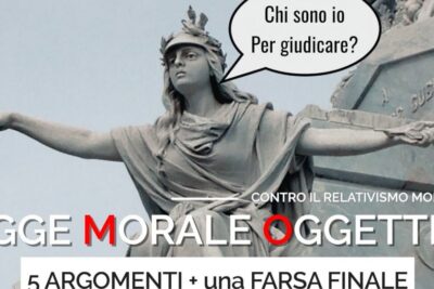 Allegorical statue with outstretched arms and speech bubble questioning judgment labeled relativismo morale 1
