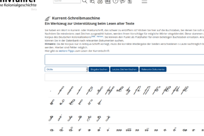 Screenshot of a Kurrent-Schreibmaschine web tool displaying rows of handwritten Kurrent letters, input field and controls for searching relevant documents, relevante 1.
