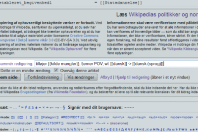 Screenshot of a Danish wiki edit page showing a markup input area, formatting toolbar, preview pane and buttons with the keyword relevante 2
