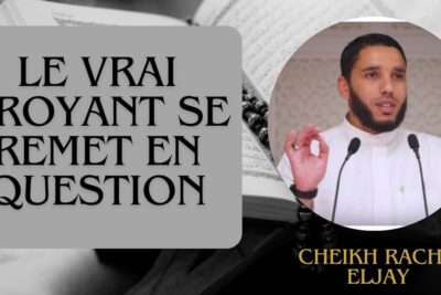 Circular portrait of a male speaker beside a bold French headline that includes remettent question over an open religious book