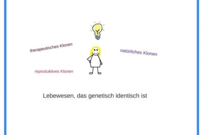 Hand-drawn slide showing a stick figure, a light bulb, and labels for therapeutic, natural and reproductive cloning highlighting reproduktive klonierung 2.