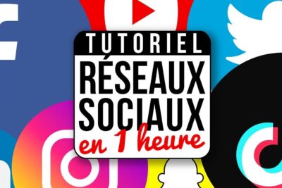Thumbnail collage of major social media logos surrounding a central tutorial badge that reads TUTORIEL RÉSEAUX SOCIAUX en 1 heure, labeled reseaux sociaux 8.