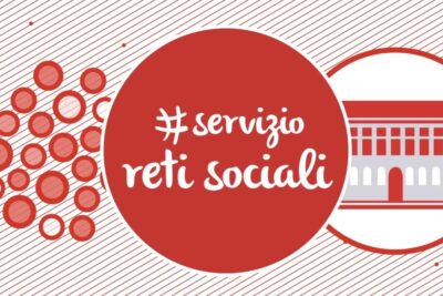 Red circular badge with handwritten '#servizio reti sociali' text, dotted network motif and building icon, reti sociali 4