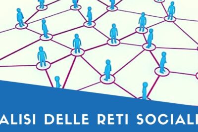 Stylized network of blue user icons connected by circular nodes and lines representing reti sociali 6.