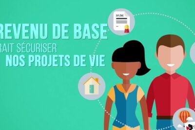 Smiling couple with icons for home, diploma and childcare illustrating revenu base and life planning.