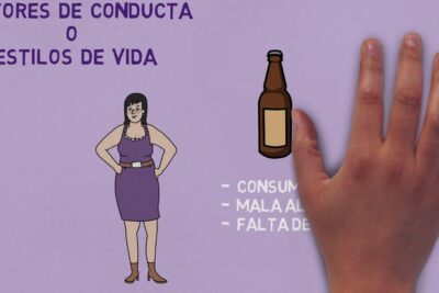 Cartoon woman, beer bottle and hand on a purple background illustrating lifestyle choices and riesgos salud
