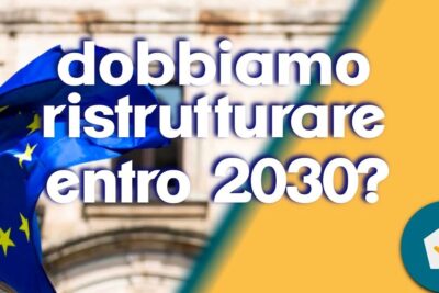 European Union flag and bold Italian text questioning building renovations by 2030 highlighting riforma energetica