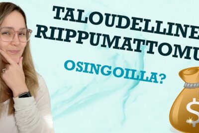 A thoughtful woman beside Finnish headline about riippumaton hyvinvointi with a money bag icon